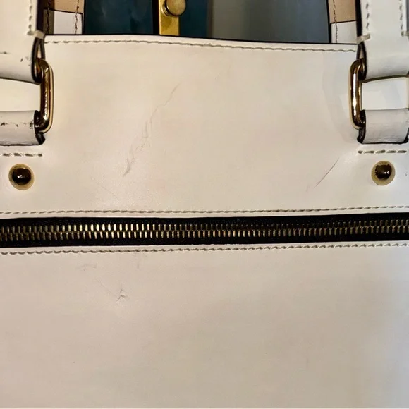 Dooney and Bourke Leather Bone Tote Bag, Gold hardware & blue accent scarf - Picture 6 of 16